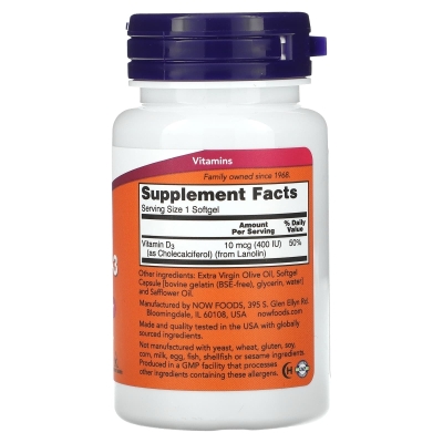 NOW Foods, Vitamin D-3, 400 IU, 180 Softgels